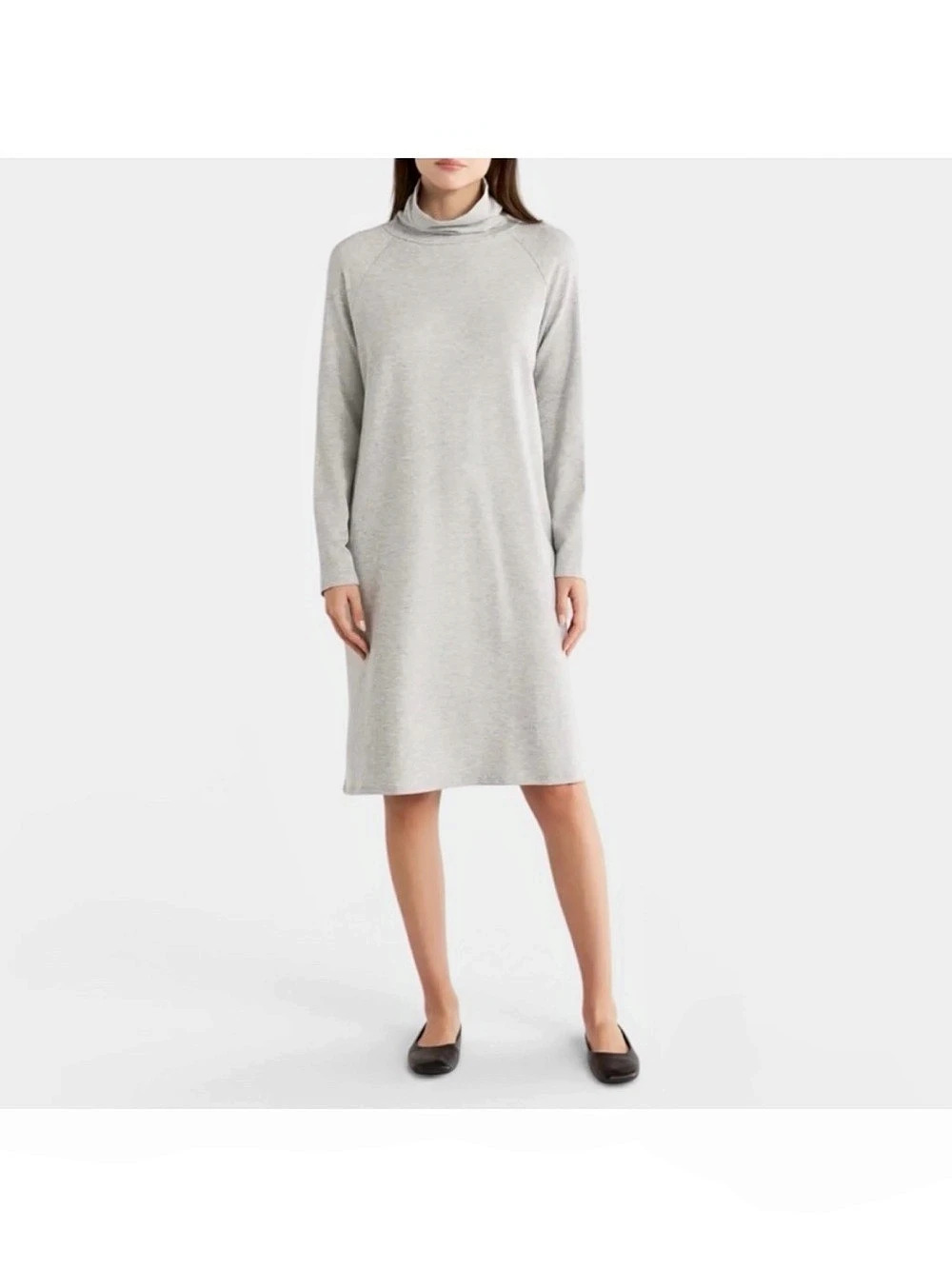 Eileen Fisher Drapey Turtleneck Long Sleeve Dress Gray Medium Like New